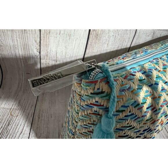 Lancome Paris Makeup Blue Beige Woven Straw Large Straw Cosmetic Bag Zipper - Picture 7 of 10